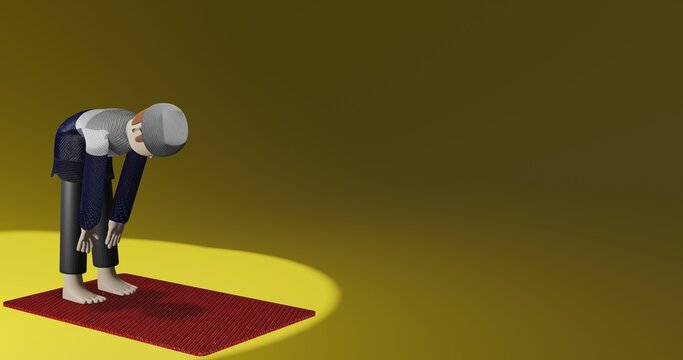 3D illustration of a muslims do rukuk (a prayer or salat movement) from the right side with a spotlight yellow background