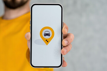 Phone display with Taxi icon on light background. Man holds a mockup smartphone in his hand...