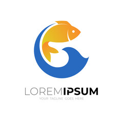 Fish logo and water wave design combination, simple style icon