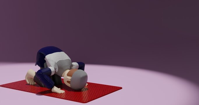 3D illustration of a muslims do sujud (a prayer or salat movement) from the right side with a spotlight pink background