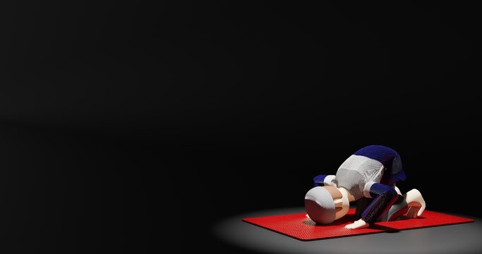 3D illustration of a muslims do rukuk (a prayer or salat movement) from the left side with a spotlight black background