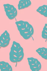 Meubelstickers Monstera leaf pattern wallpaper on pink pastel background , concept metro diamond geometric, abstract, graphic, bohemian , nature, garden, luxury , summer, card, print © Nattakarn