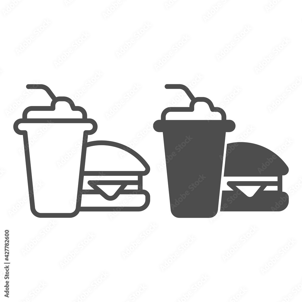 Poster glass of cola and hamburger line and solid icon, bowling concept, fast food sign on white background