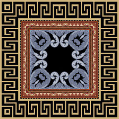 Greek seamless pattern with square frame. Vector ornamental background. Repeat ornate tribal backdrop. Ethnic floral ornament with vintage flowers, leaves. Greek key, meanders, borders. Modern design