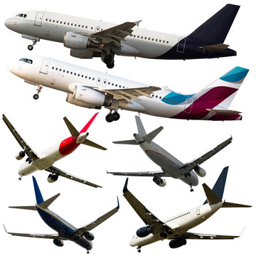 Collage of different modern airplanes on white background. High quality photo