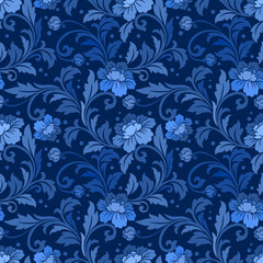 Blue ornate damask flower ornament seamless pattern.