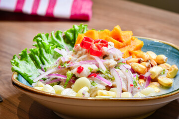 Peruvian ceviche a tradition of Peruvian gastronomy with corn and sweet potato