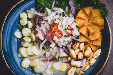 Peruvian ceviche a tradition of Peruvian gastronomy with corn and sweet potato