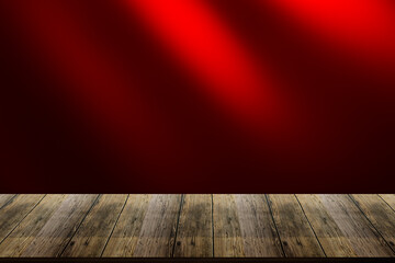 Wooden table on red stage background