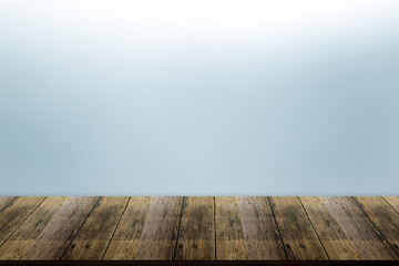 Wooden table on white gray stage background