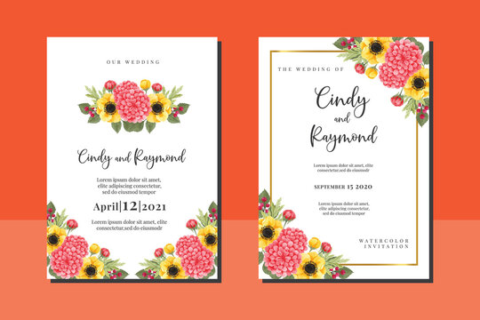 Wedding invitation frame set, floral watercolor hand drawn Orange Dahlia Flower design Invitation Card Template