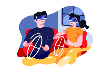A young man and woman in casual clothes playing racing game using virtual reality headset