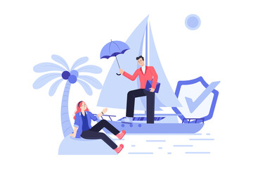 Travel Insurance Concept. The businessman on the boat is giving the red umbrella to the tourist