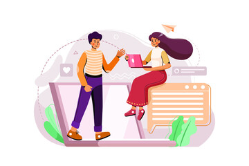 A boy and a girl are having online meeting by their laptop