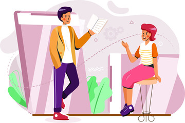 A man and woman are having business online meeting by smartphone