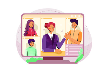 The PC screen showing the online meeting of small business team