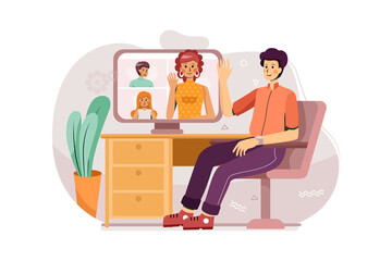 A man opens the online meeting with his team at home