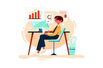 Fototapeta premium Business Person Working On Marketing Report Illustration concept. Flat illustration isolated on white background.