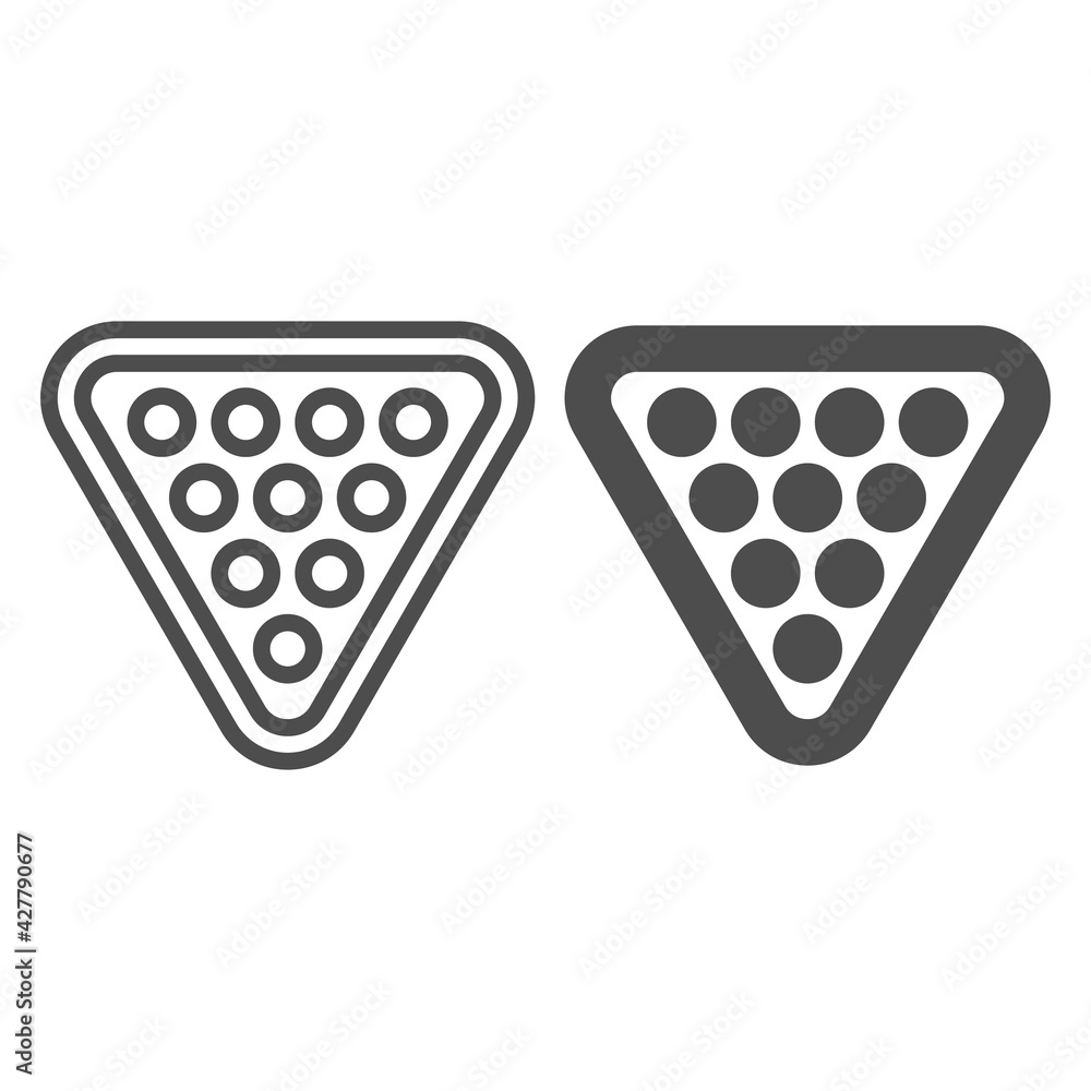 Poster triangle with pins or balls line and solid icon, bowling concept, sport pool sign on white backgroun