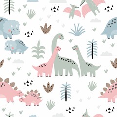Cute dino Mom and Baby. Cartoon illustration dinosaur family. Vector seamless pattern with cute dino in scandinavian style