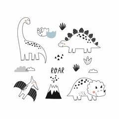 Cute doodle dino. Cartoon illustration dinosaur family. Vector print with cute dino in scandinavian style