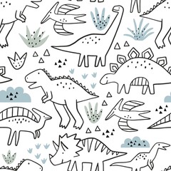 Cute doodle dino. Cartoon illustration dinosaur family. Vector abstract seamless pattern with cute dino in flat style on cage background © NadezdaBarkova
