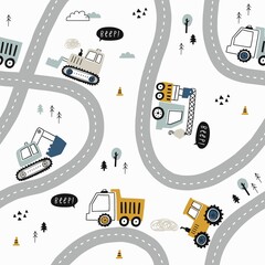 Hand drawn cute cars - Truck, tractor, cargo crane, bulldozer, excavator. Seamless vector pattern with cute cars for fabric, textile and wallpaper design. Vector cars in scandinavian style © NadezdaBarkova