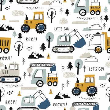 Hand drawn cute cars - Truck, tractor, cargo crane, bulldozer, excavator. Seamless vector pattern with cute cars for fabric, textile and wallpaper design. Vector cars in scandinavian style © webmuza