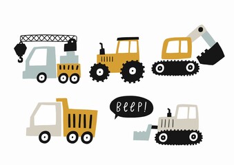 Hand drawn cute cars - Truck, tractor, cargo crane, bulldozer, excavator. Vector set with cute cars for fabric, textile and wallpaper design. Vector cars in scandinavian style
