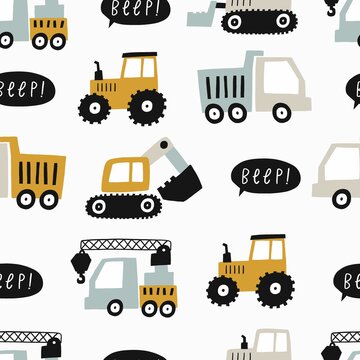 Hand drawn cute cars - Truck, tractor, cargo crane, bulldozer, excavator. Seamless vector pattern with cute cars for fabric, textile and wallpaper design. Vector cars in scandinavian style