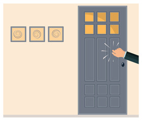 A knock on the door. The man's hand is knocking on the door. Please allow me to enter the room. Office space. Persistent businessman, client, manager, guest or salesperson. The light is on. Vector
