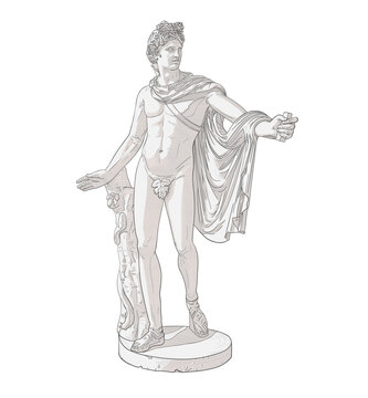 recommend clip art: Full-length statue of Apollo Belvedere. Vector illustration in a line art style with engraving hatching and tonal separation into light, shadow. EPS 10. The idea for a print on a T-shirt, bag, poster.
