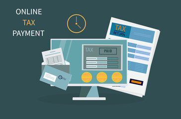 Online tax, electronic payment. Tax form, return. Digital transfer of funds, financial transactions, registration of data on time,on schedule with receipt. Internet payments, bank according, calendar.