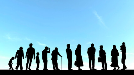 いろいろな世代の人物シルエット_青空背景