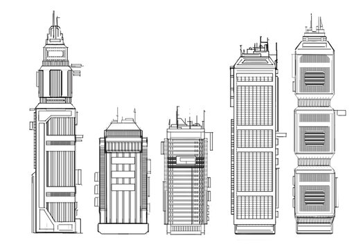 a set of sketches, high-rise buildings. Futuristic, cyberpunk, science fiction. Silhouette design, line art. Skyscrapers of different shapes and proportions, a collection of black on white
