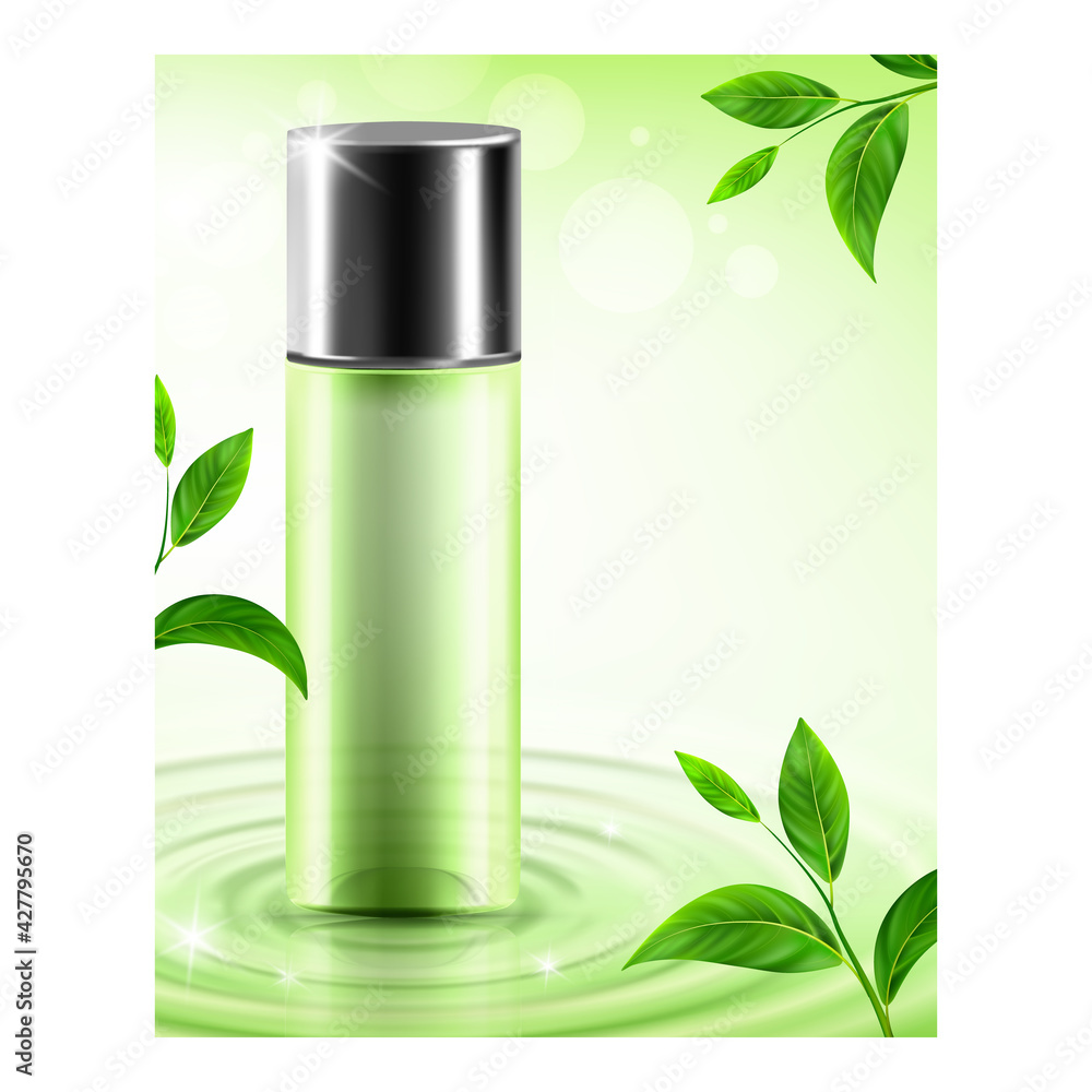 Wall mural Micellar Water Cosmetic Promotional Banner Vector. Herbal Cosmetic Blank Package Spray And Green Leaves Branches On Advertising Poster. Vitamin Complex For Skin Style Concept Template Illustration