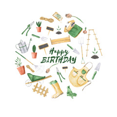 Fototapeta na wymiar Happy birthday card for gardener. Birthday greeting card with garden tools and sign 