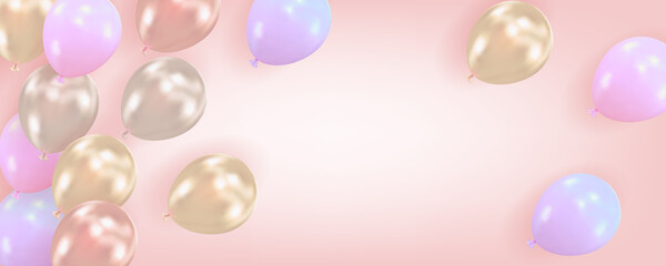 Flying air balloons on pink background. Composition from realistic air balloons with space for text. Holiday design for party, birthday, anniversary, Valentines day, wedding. Vector illustration
