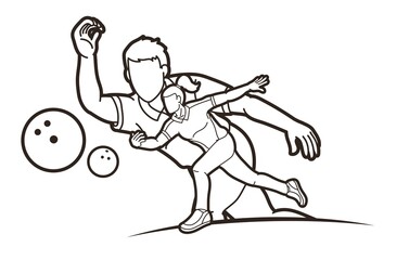 Bowling Sport Players Men and Women Pose Cartoon Graphic Vector