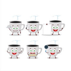 Cartoon character of coffee with various chef emoticons