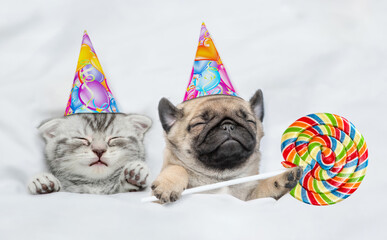 Cute kitten and puppy wearing birthday caps sleep together under white blanket on a bed at home....