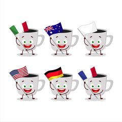 Coffee cartoon character bring the flags of various countries