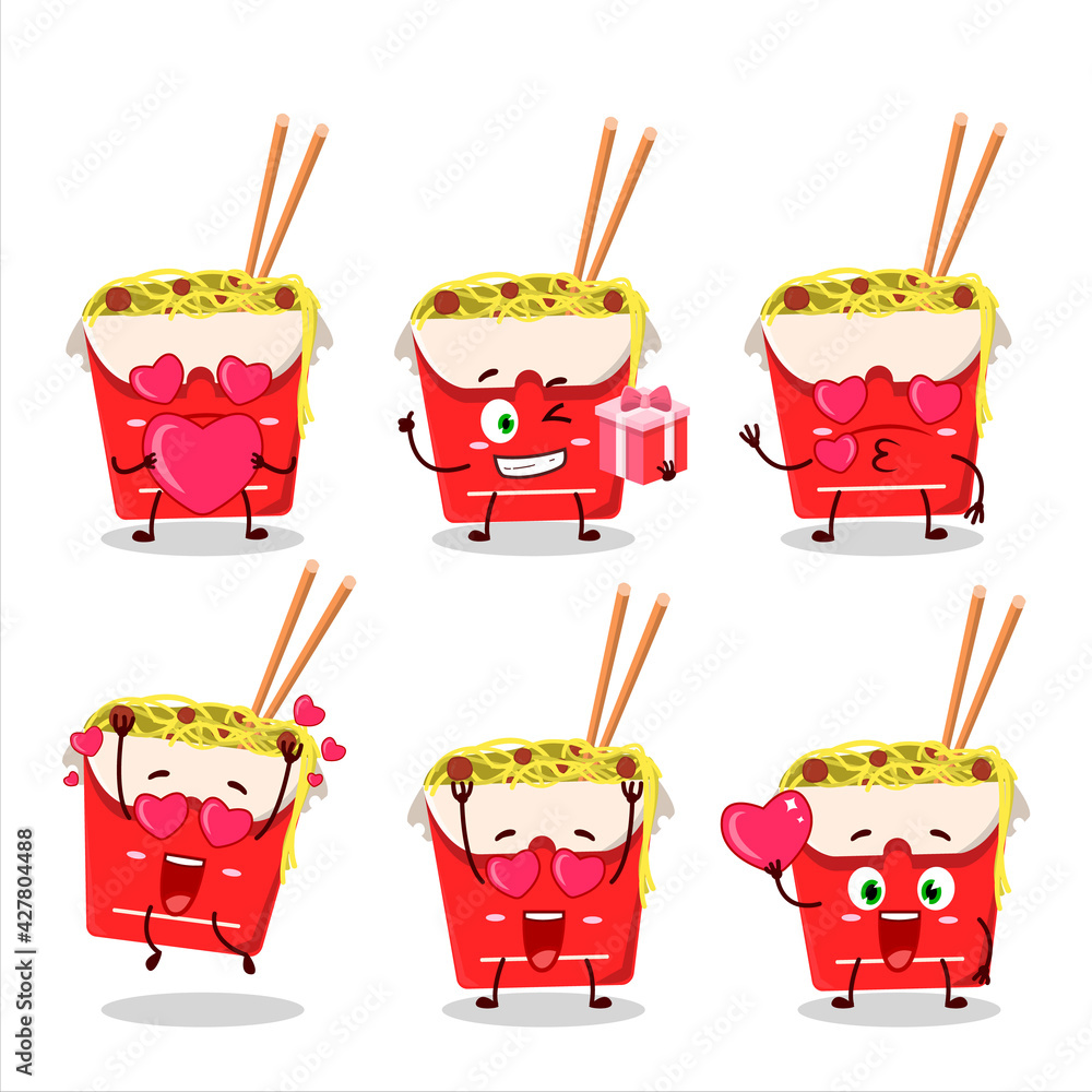 Sticker Noodles box cartoon character with love cute emoticon