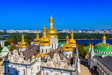 Fototapeta na wymiar View of Kiev Pechersk Lavra (Kiev Monastery of the Caves) and the Dnieper river in Ukraine. View from Great Lavra Bell Tower