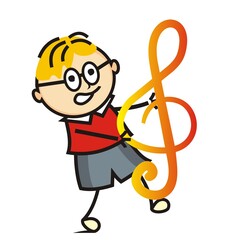 Singing little boy and treble clef, funny vector illustration