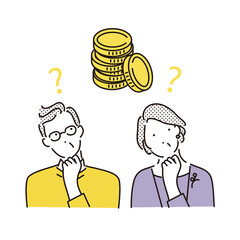 シンプル　イラスト　資産運用について考える夫婦とコイン