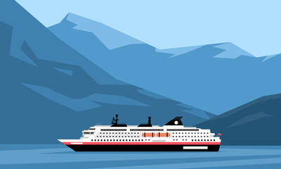 Hurtigruten Norwegian Fjord Cruise Ship Landscape Vector Artwork - obrazy, fototapety, plakaty