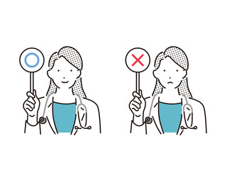 シンプル　イラスト　マルバツ札をあげる女医