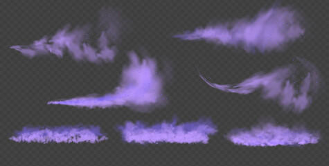 Purple fog or smoke.Purple dust with particles. Violet smoke or dust isolated on transparent background. Abstract mystical gas. Vector illustration. © Elena