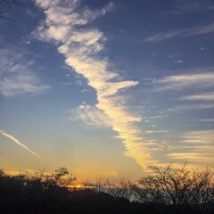 夕日に染まる帯状の雲